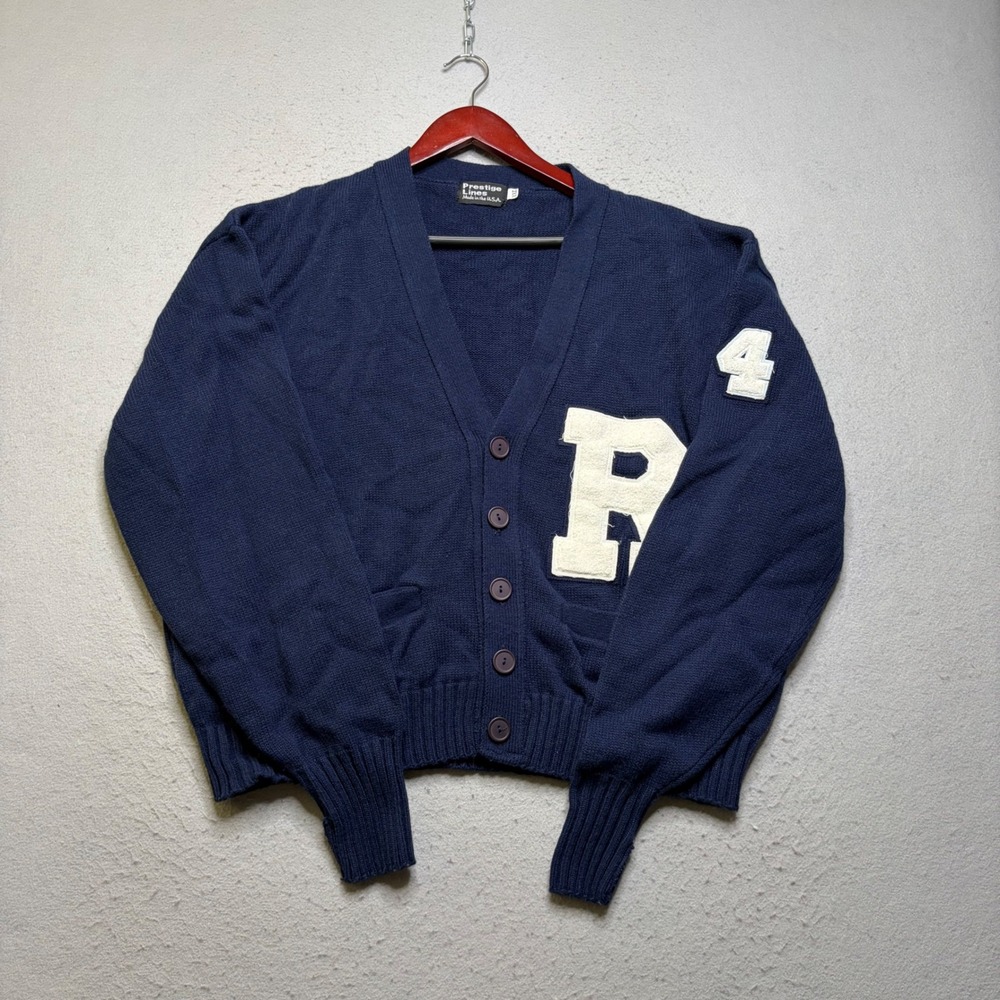 Prestige Lines Varsity Cardigan Mens XXL Navy Blue 80s Vintage Letterman R Patch